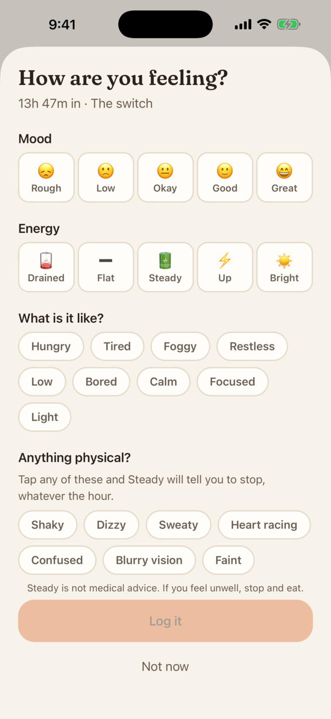 Steady's check-in screen with five mood faces from Rough to Great, five energy levels, descriptive tags such as Hungry and Foggy, and physical warning signs such as Shaky and Dizzy