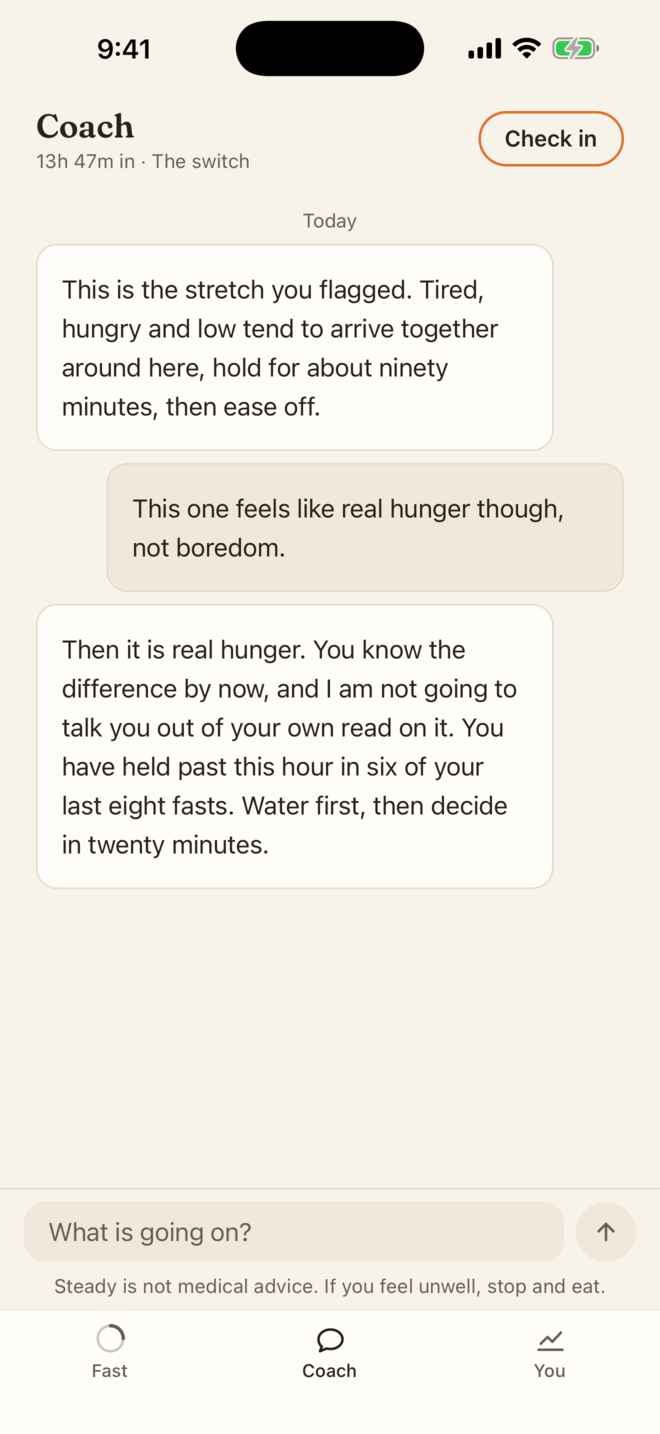 Steady's coach conversation at 13 hours 43 minutes in. The coach says this is the stretch you flagged and that the feeling tends to ease off