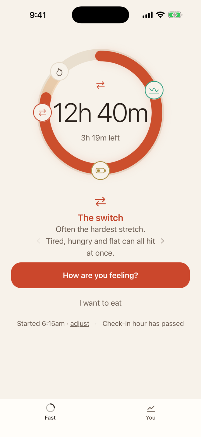 Steady's fasting screen: a ring timer showing how far into the fast you are, with the time the fast ends