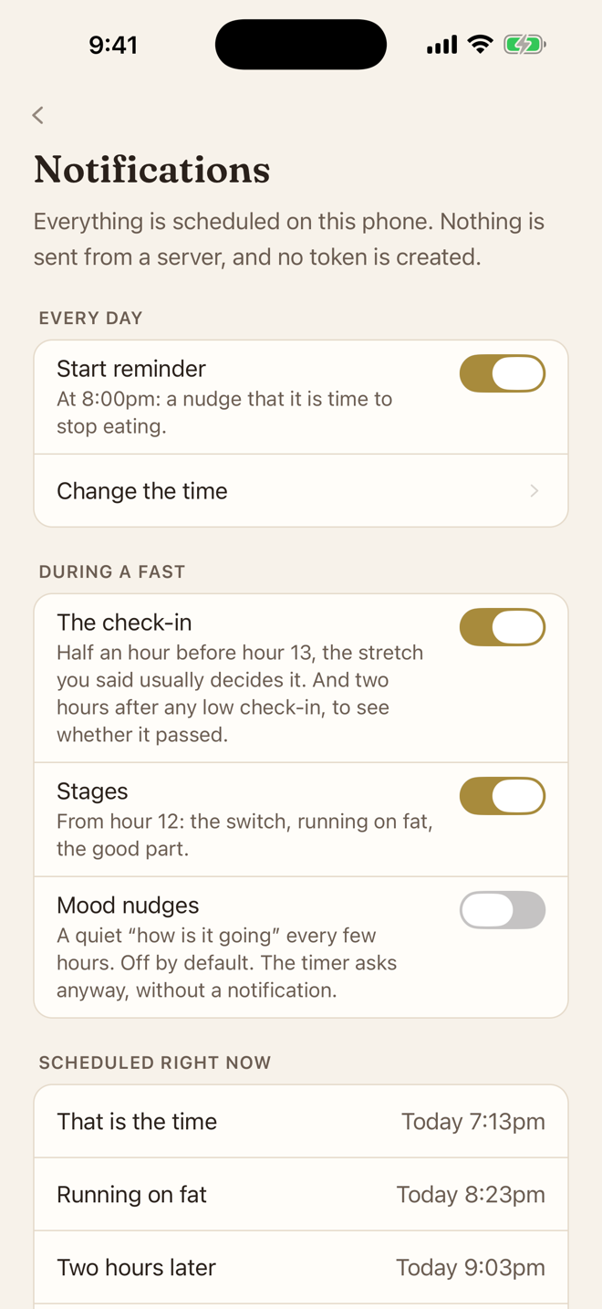 Steady's notification settings: a start reminder at 8pm, the check-in before your hard hour, stage notes, and mood nudges switched off. A line at the top reads Everything is scheduled on this phone
